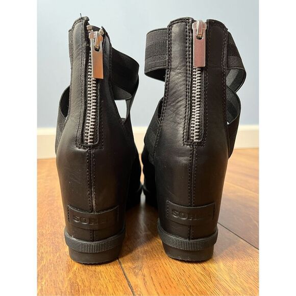 Sorel Joanie II NL3268 Strappy Stretch Black Wedge Heel Sandals Zip Back 9 - Picture 3 of 5